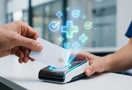 Person using a contactless health insurance card for a medical payment transaction at a hospital front desk